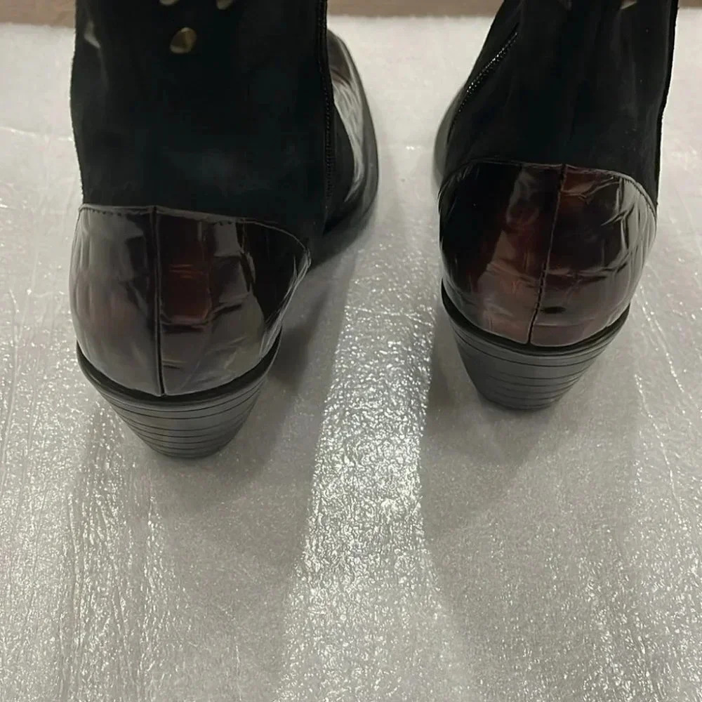 [US 7]Chicos Brown Patent Leather  /Black Suede Mixed Heeled Cowboy Boots-NWOT - Picture 4 of 7
